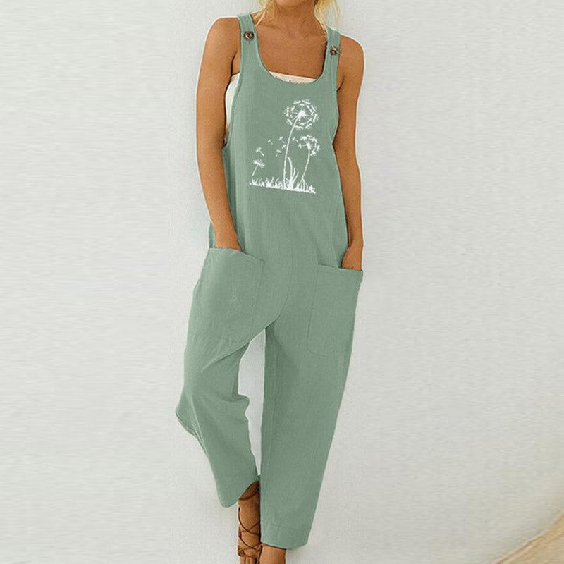 Women Print Cotton Linen Retro Jumpsuit 2020 Summer Elegant Button Strappy Backless Bodysuit Sexy Pocket Loose Trousers Romper