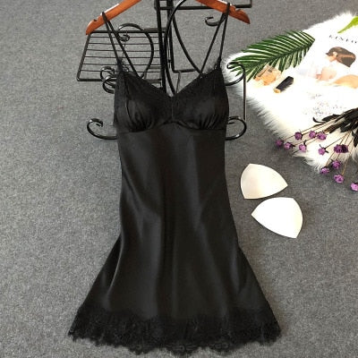Women's Sexy Lingerie Silk Nightgown Summer Dress Lace Night Dress Sleepwear Babydoll Nightie Satin Homewear Chest Pad Nightwear