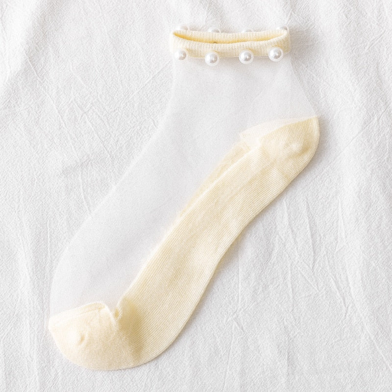 1 Pair of Summer Thin Pearl Transparent Glass Fiber Women's Socks Popular in Spring and Summer Korean Cotton Women's Socks