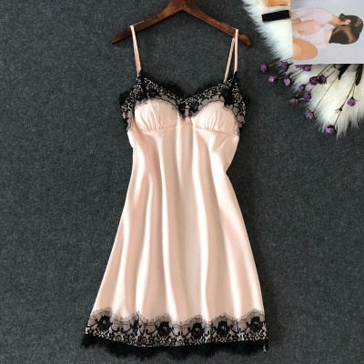 Women's Sexy Lingerie Silk Nightgown Summer Dress Lace Night Dress Sleepwear Babydoll Nightie Satin Homewear Chest Pad Nightwear