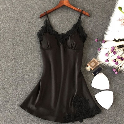 Women's Sexy Lingerie Silk Nightgown Summer Dress Lace Night Dress Sleepwear Babydoll Nightie Satin Homewear Chest Pad Nightwear