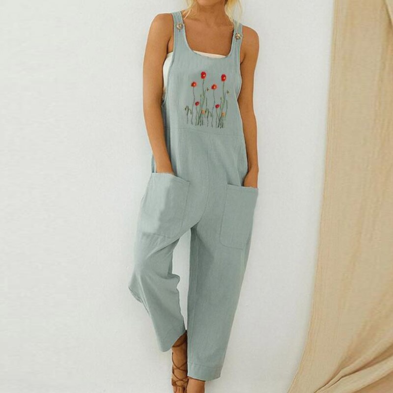 Women Print Cotton Linen Retro Jumpsuit 2020 Summer Elegant Button Strappy Backless Bodysuit Sexy Pocket Loose Trousers Romper