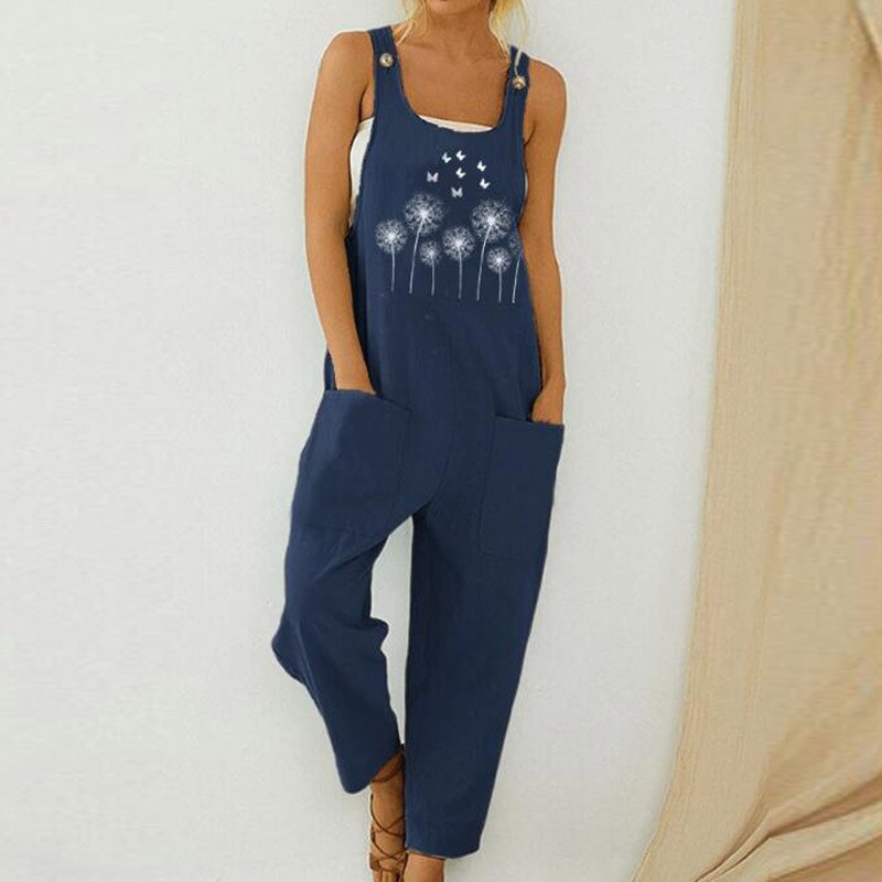 Women Print Cotton Linen Retro Jumpsuit 2020 Summer Elegant Button Strappy Backless Bodysuit Sexy Pocket Loose Trousers Romper