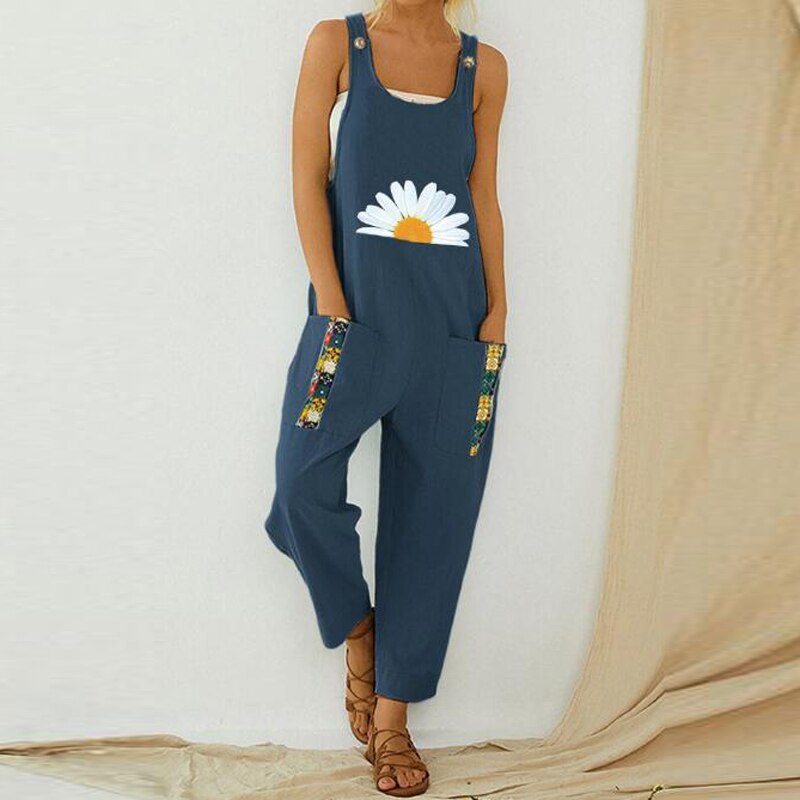 Women Print Cotton Linen Retro Jumpsuit 2020 Summer Elegant Button Strappy Backless Bodysuit Sexy Pocket Loose Trousers Romper