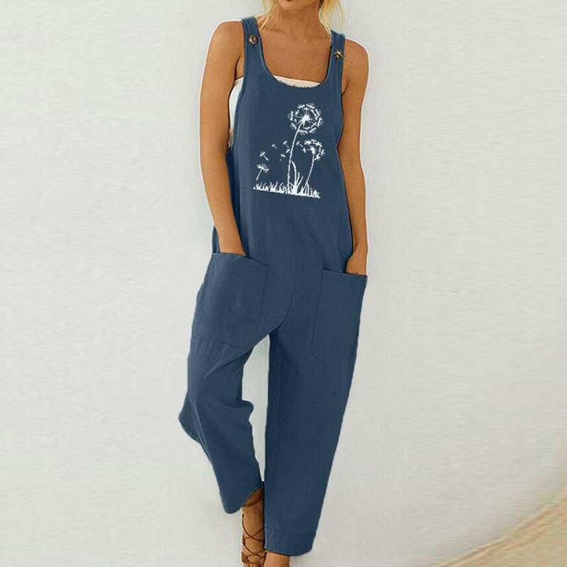 Women Print Cotton Linen Retro Jumpsuit 2020 Summer Elegant Button Strappy Backless Bodysuit Sexy Pocket Loose Trousers Romper