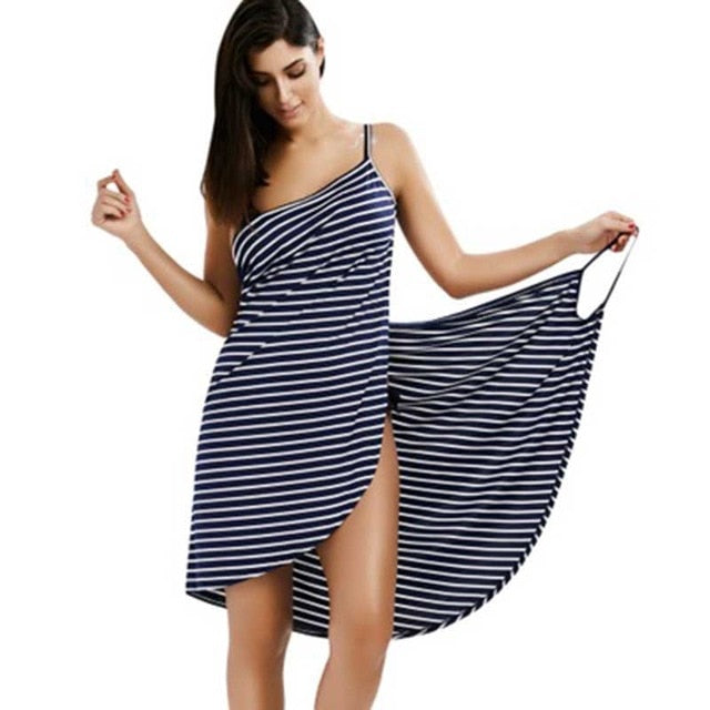 Sexy Backless Women Summer Striped Dress V-neck Spaghetti Strap Women Knee-length Cover ups Beach Dresses