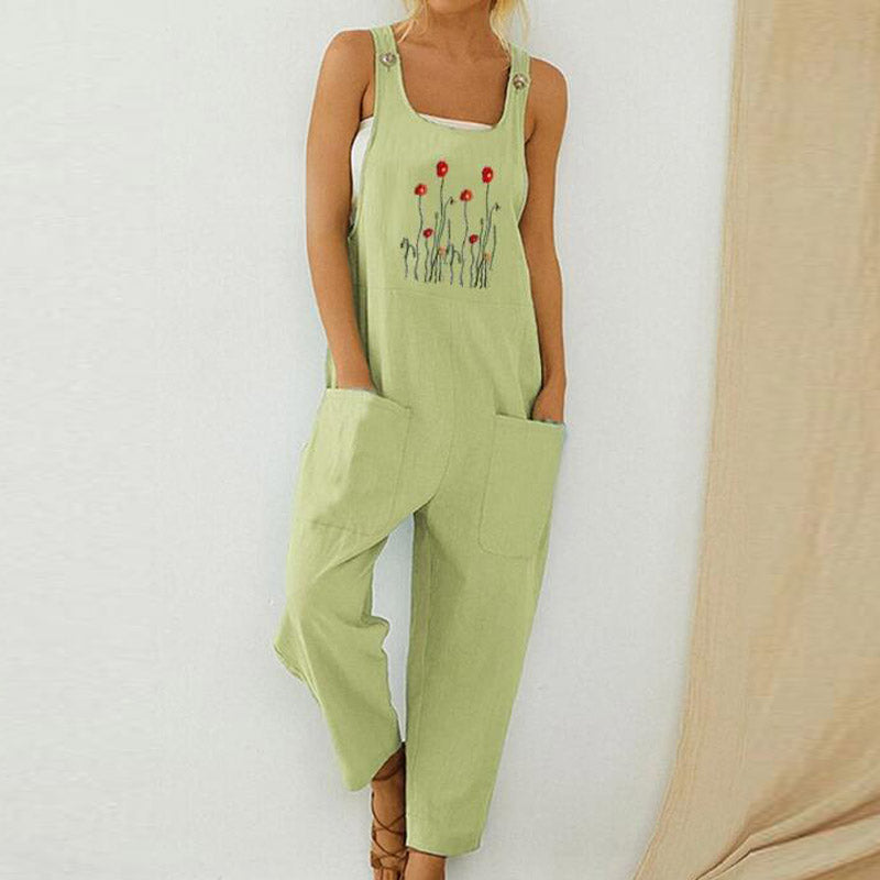 Women Print Cotton Linen Retro Jumpsuit 2020 Summer Elegant Button Strappy Backless Bodysuit Sexy Pocket Loose Trousers Romper