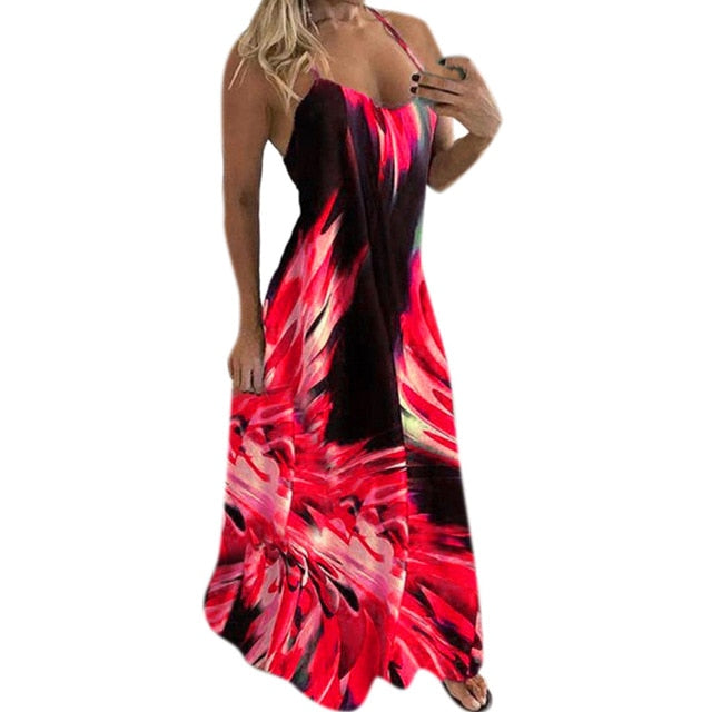 Summer Fall Boho Floral Women Elegant Plus Size Maxi Dress Vestidos Spaghetti Strap Sleeveless Evening Party Long Dress Red 5XL