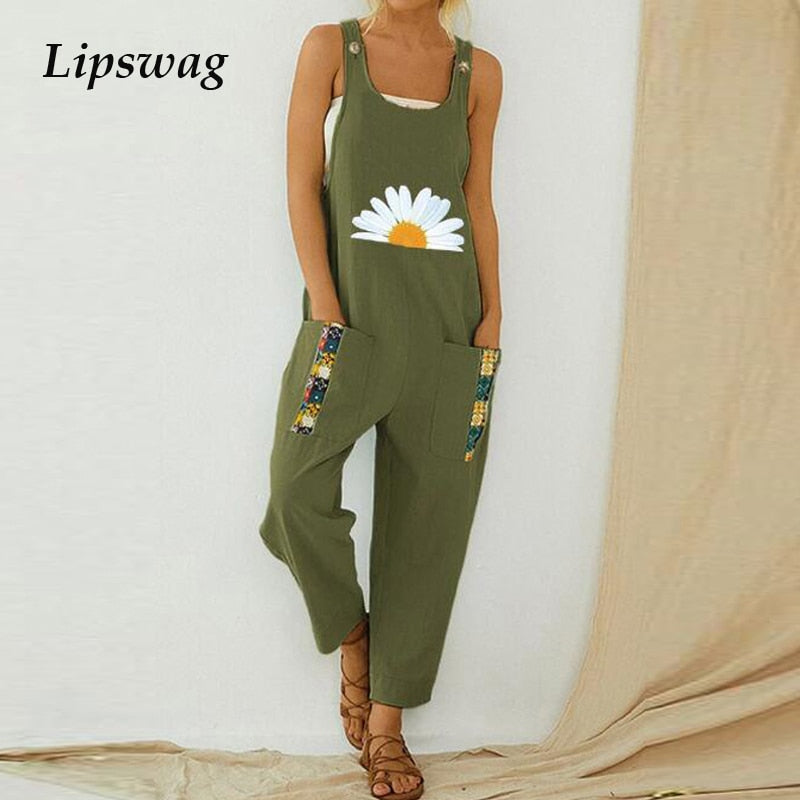 Women Print Cotton Linen Retro Jumpsuit 2020 Summer Elegant Button Strappy Backless Bodysuit Sexy Pocket Loose Trousers Romper
