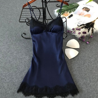 Women's Sexy Lingerie Silk Nightgown Summer Dress Lace Night Dress Sleepwear Babydoll Nightie Satin Homewear Chest Pad Nightwear