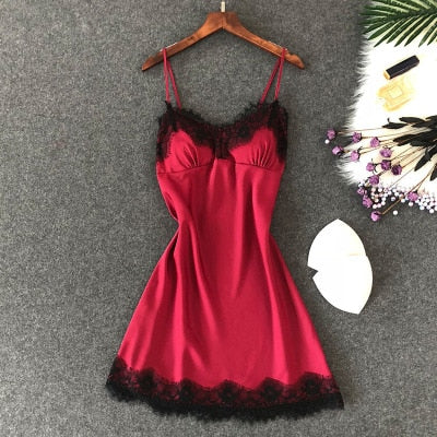 Women's Sexy Lingerie Silk Nightgown Summer Dress Lace Night Dress Sleepwear Babydoll Nightie Satin Homewear Chest Pad Nightwear