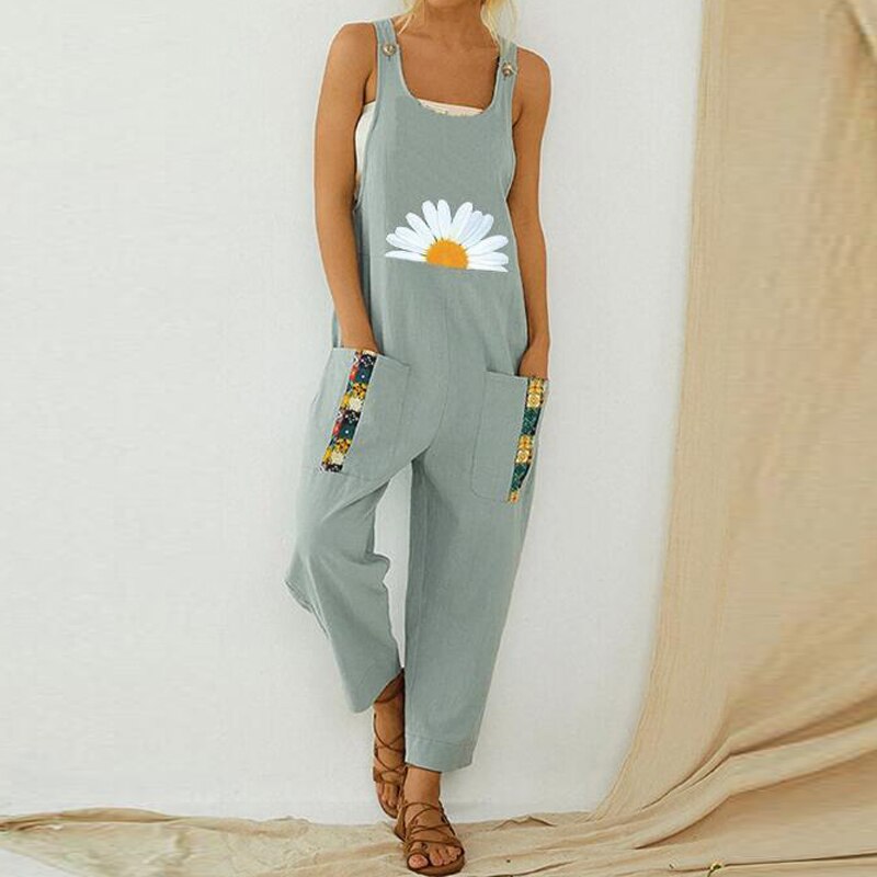 Women Print Cotton Linen Retro Jumpsuit 2020 Summer Elegant Button Strappy Backless Bodysuit Sexy Pocket Loose Trousers Romper