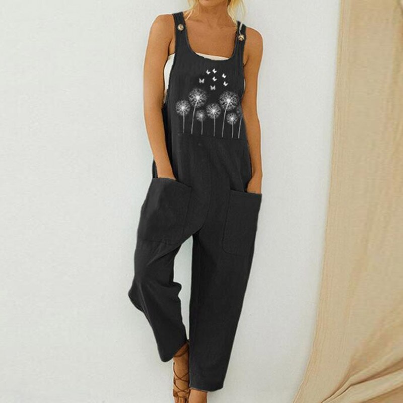 Women Print Cotton Linen Retro Jumpsuit 2020 Summer Elegant Button Strappy Backless Bodysuit Sexy Pocket Loose Trousers Romper