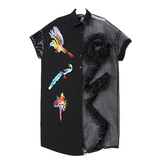 Summer Women Black Midi Mesh Shirt Dress Plus Size Ruffle Bird Embroidery Lady Sheer Cute Dress Party Dress