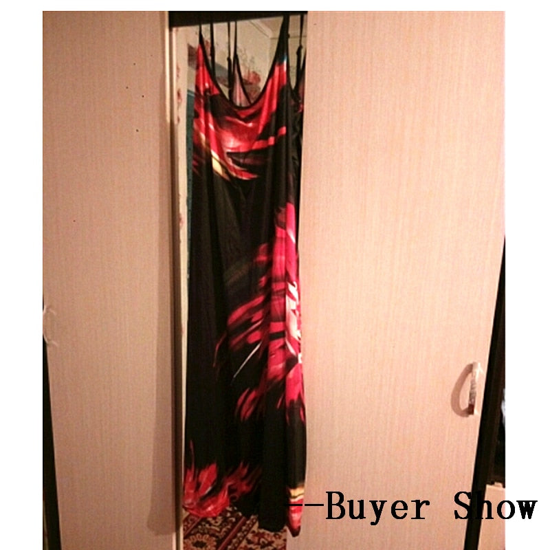 Summer Fall Boho Floral Women Elegant Plus Size Maxi Dress Vestidos Spaghetti Strap Sleeveless Evening Party Long Dress Red 5XL